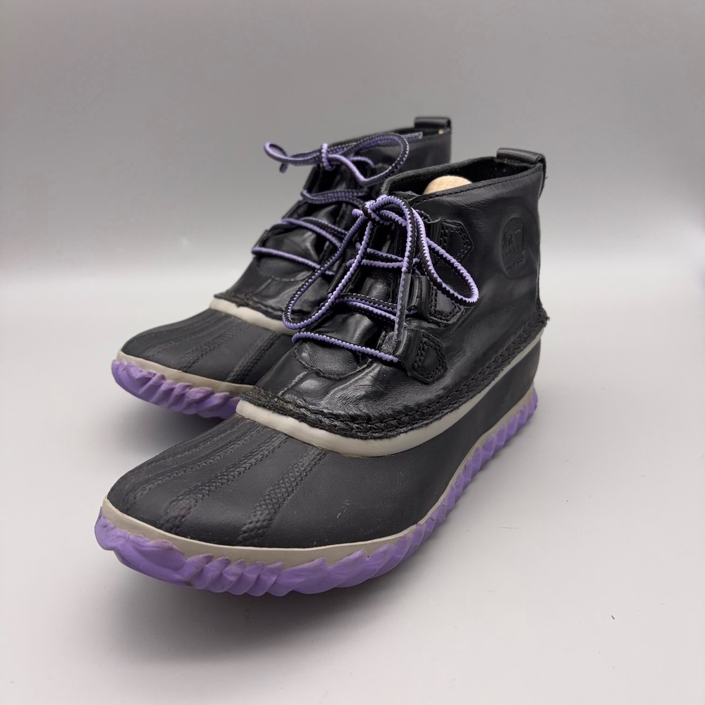 Sorel Out N About Rain Boots Womens 5 Black Waterproof Leather Duck Booties - Picture 3 of 12